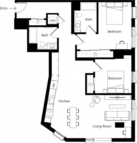 Floor plan for 2 beds, 2 baths, 1106 sqft